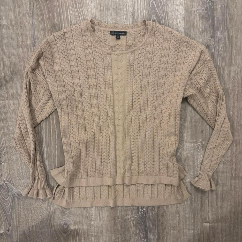 Adrianna Papell Cable Knit Sweater with Ruffle Hem, Size L